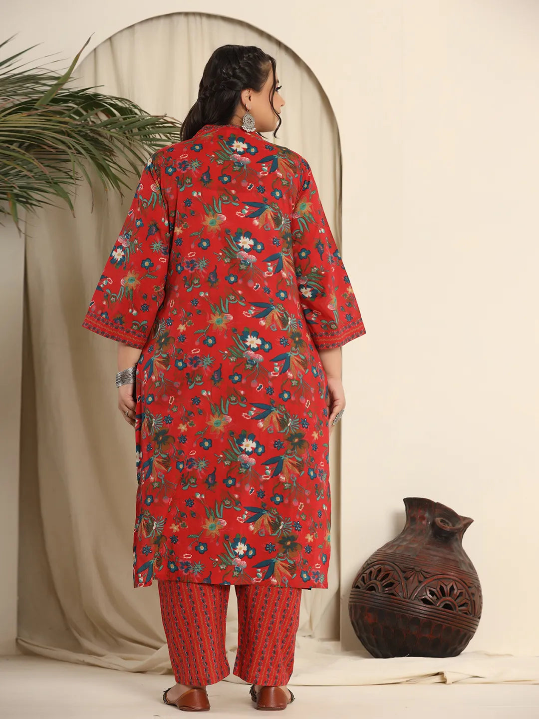 Yufta Red Pure Cotton Sequins_Work Kurta Dupatta Pant Set With Handwork