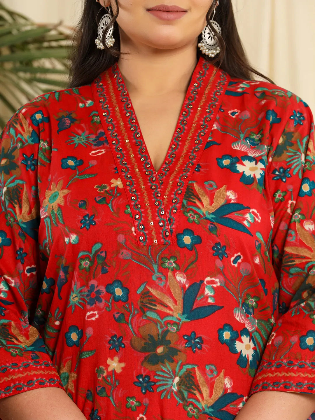 Yufta Red Pure Cotton Sequins_Work Kurta Dupatta Pant Set With Handwork