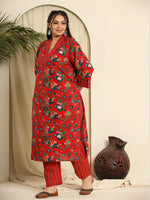 Thumbnail for Yufta Red Pure Cotton Sequins_Work Kurta Dupatta Pant Set With Handwork
