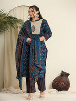 Thumbnail for Yufta Navy Blue Pure Cotton Kantha Work Kurta Dupatta Pant Set With Handblock Yoke