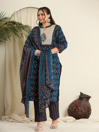 Yufta Navy Blue Pure Cotton Kantha Work Kurta Dupatta Pant Set With Handblock Yoke