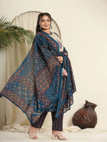 Thumbnail for Yufta Navy Blue Pure Cotton Kantha Work Kurta Dupatta Pant Set With Handblock Yoke