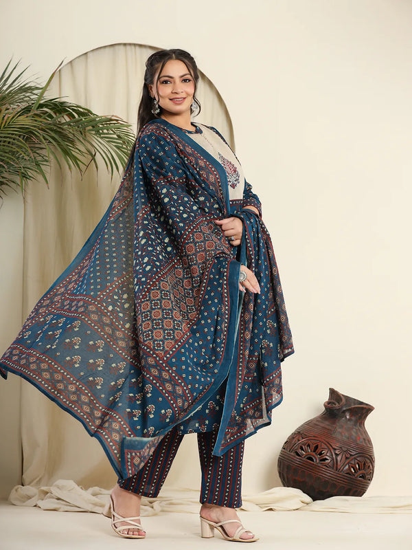 Yufta Navy Blue Pure Cotton Kantha Work Kurta Dupatta Pant Set With Handblock Yoke