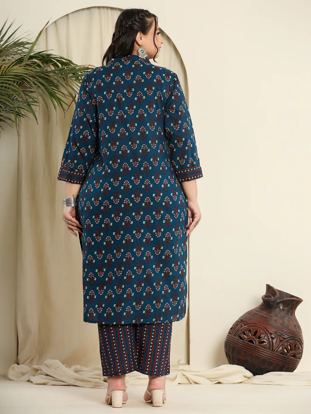 Yufta Navy Blue Pure Cotton Kantha Work Kurta Dupatta Pant Set With Handblock Yoke