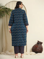 Thumbnail for Yufta Navy Blue Pure Cotton Kantha Work Kurta Dupatta Pant Set With Handblock Yoke