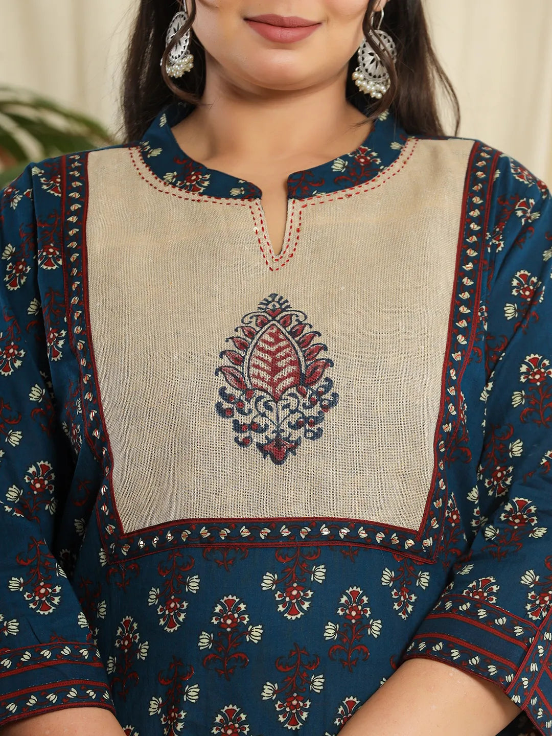 Yufta Navy Blue Pure Cotton Kantha Work Kurta Dupatta Pant Set With Handblock Yoke