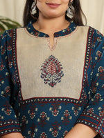 Thumbnail for Yufta Navy Blue Pure Cotton Kantha Work Kurta Dupatta Pant Set With Handblock Yoke