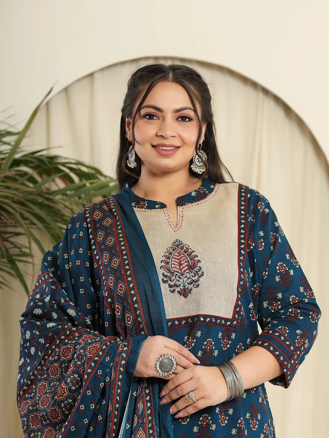 Yufta Navy Blue Pure Cotton Kantha Work Kurta Dupatta Pant Set With Handblock Yoke