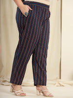 Thumbnail for Yufta Navy Blue Pure Cotton Kantha Work Kurta Dupatta Pant Set With Handblock Yoke