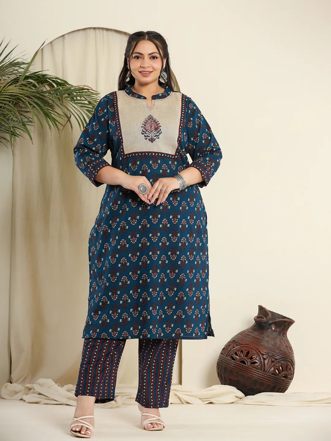 Yufta Navy Blue Pure Cotton Kantha Work Kurta Dupatta Pant Set With Handblock Yoke