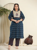 Thumbnail for Yufta Navy Blue Pure Cotton Kantha Work Kurta Dupatta Pant Set With Handblock Yoke