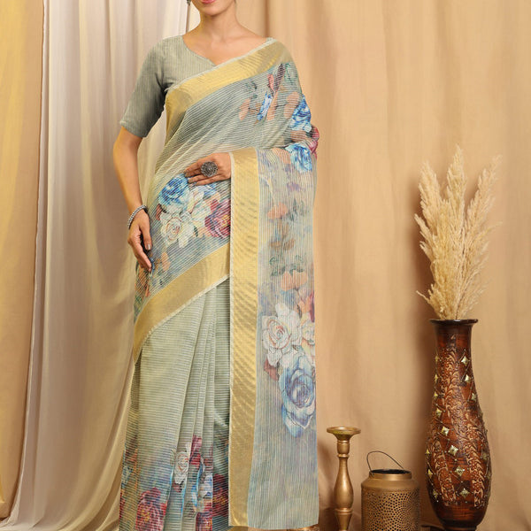Shivam Fabrics Sea Green Chanderi Fabric Printed Saree - Distacart