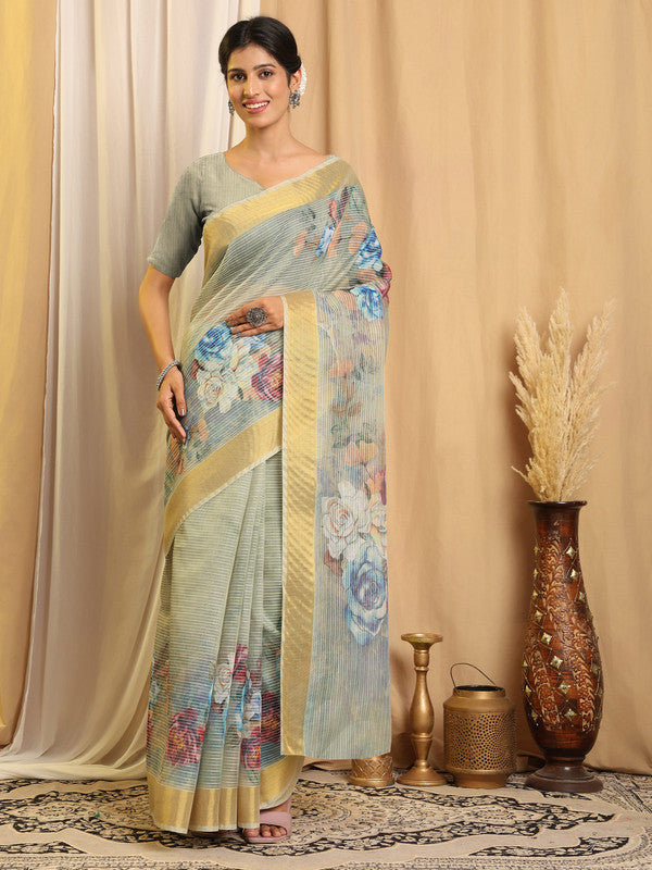 Shivam Fabrics Sea Green Chanderi Fabric Printed Saree - Distacart