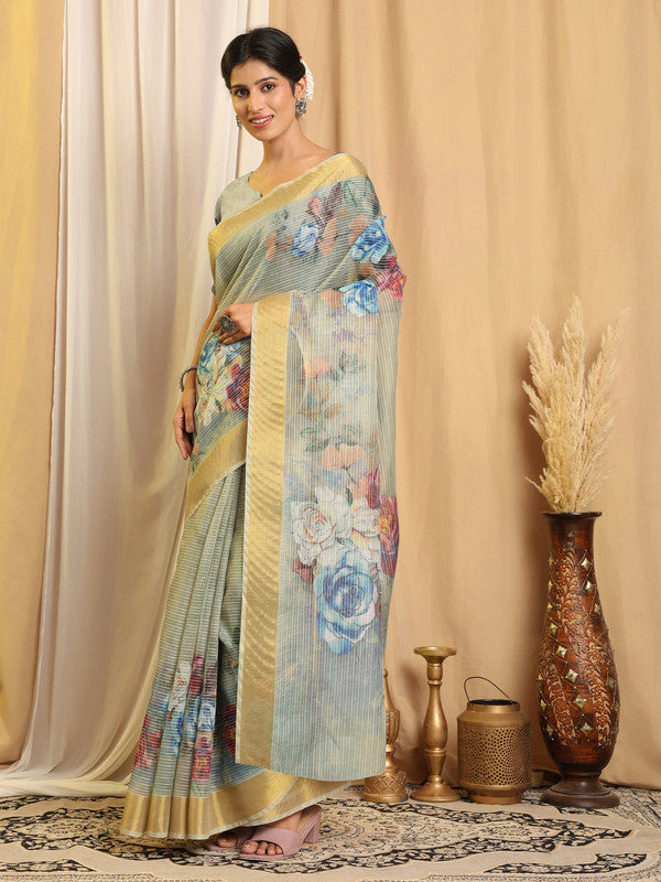 Shivam Fabrics Sea Green Chanderi Fabric Printed Saree