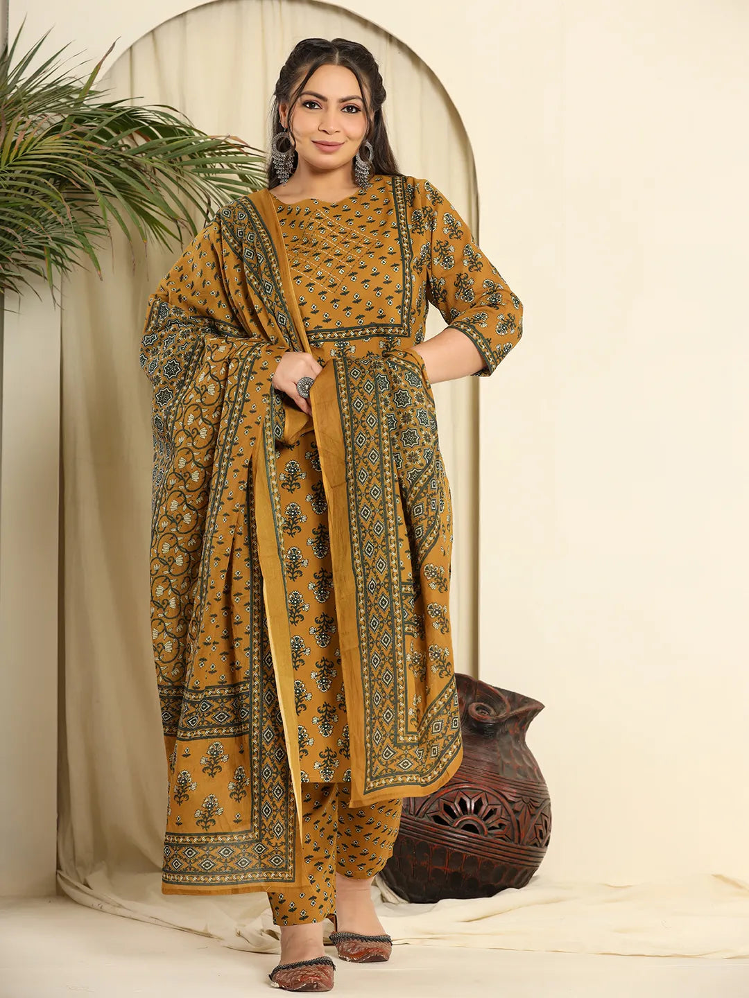 Yufta Mustard Pure Cotton Kantha Work Kurta Dupatta Pant Set With Handwork - Distacart