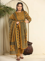 Thumbnail for Yufta Mustard Pure Cotton Kantha Work Kurta Dupatta Pant Set With Handwork