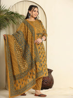 Thumbnail for Yufta Mustard Pure Cotton Kantha Work Kurta Dupatta Pant Set With Handwork