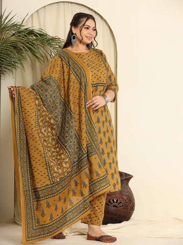 Yufta Mustard Pure Cotton Kantha Work Kurta Dupatta Pant Set With Handwork