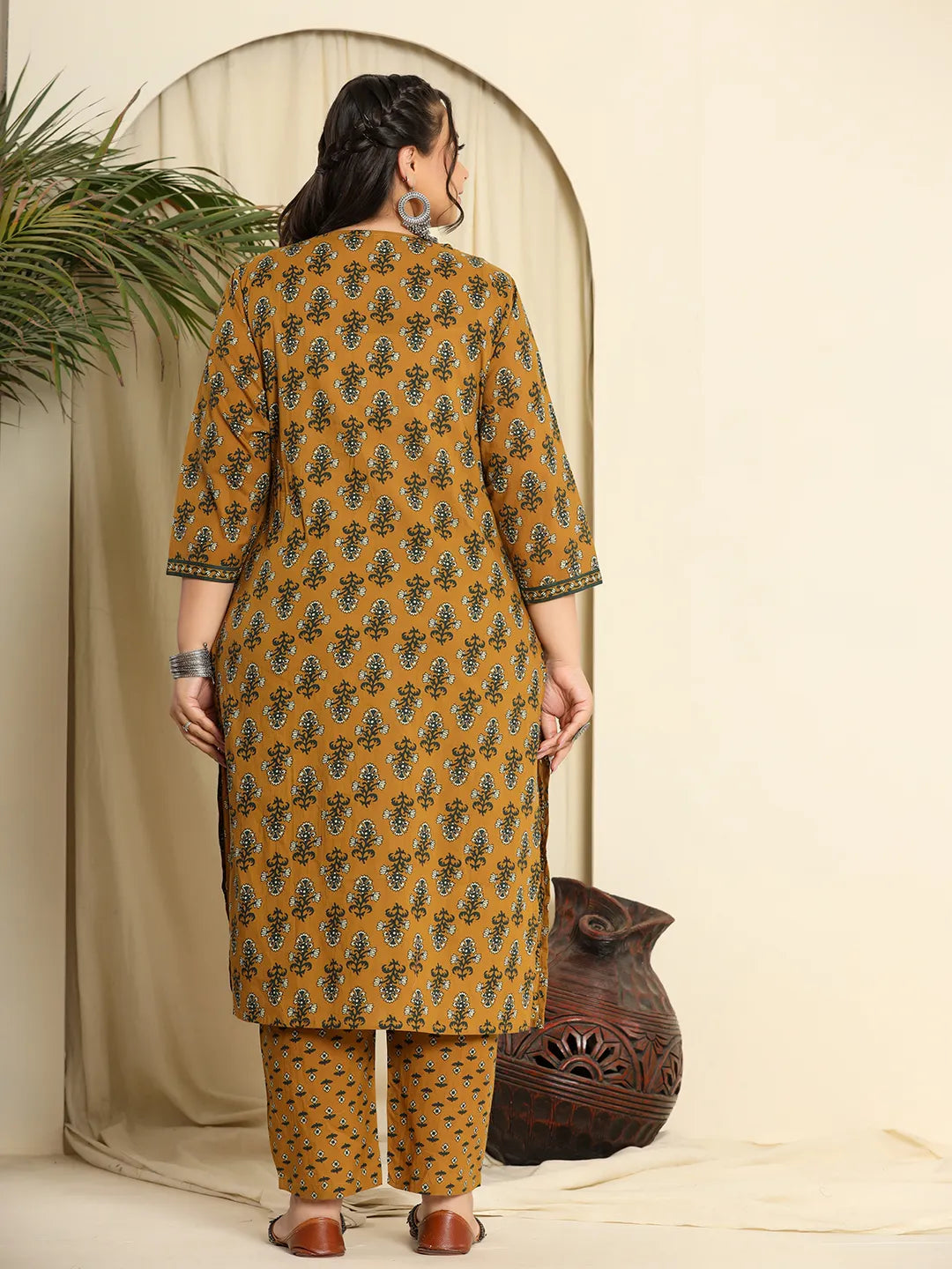 Yufta Mustard Pure Cotton Kantha Work Kurta Dupatta Pant Set With Handwork