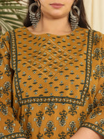 Thumbnail for Yufta Mustard Pure Cotton Kantha Work Kurta Dupatta Pant Set With Handwork