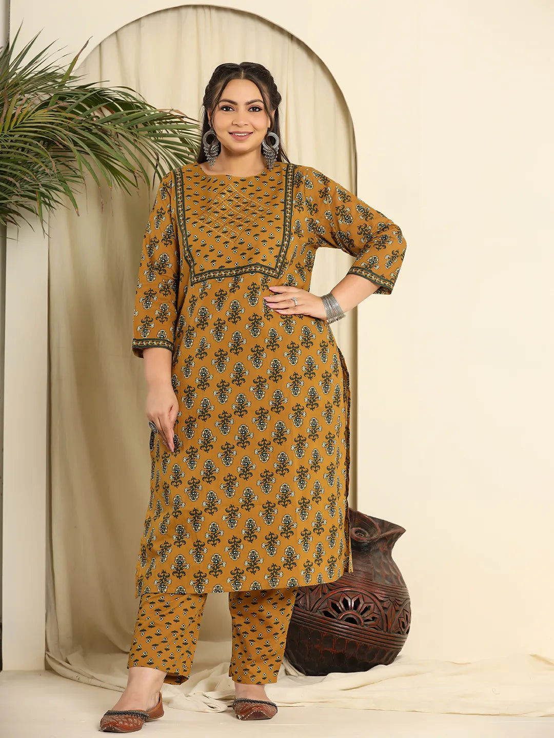 Yufta Mustard Pure Cotton Kantha Work Kurta Dupatta Pant Set With Handwork