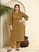 Thumbnail for Yufta Mustard Pure Cotton Kantha Work Kurta Dupatta Pant Set With Handwork