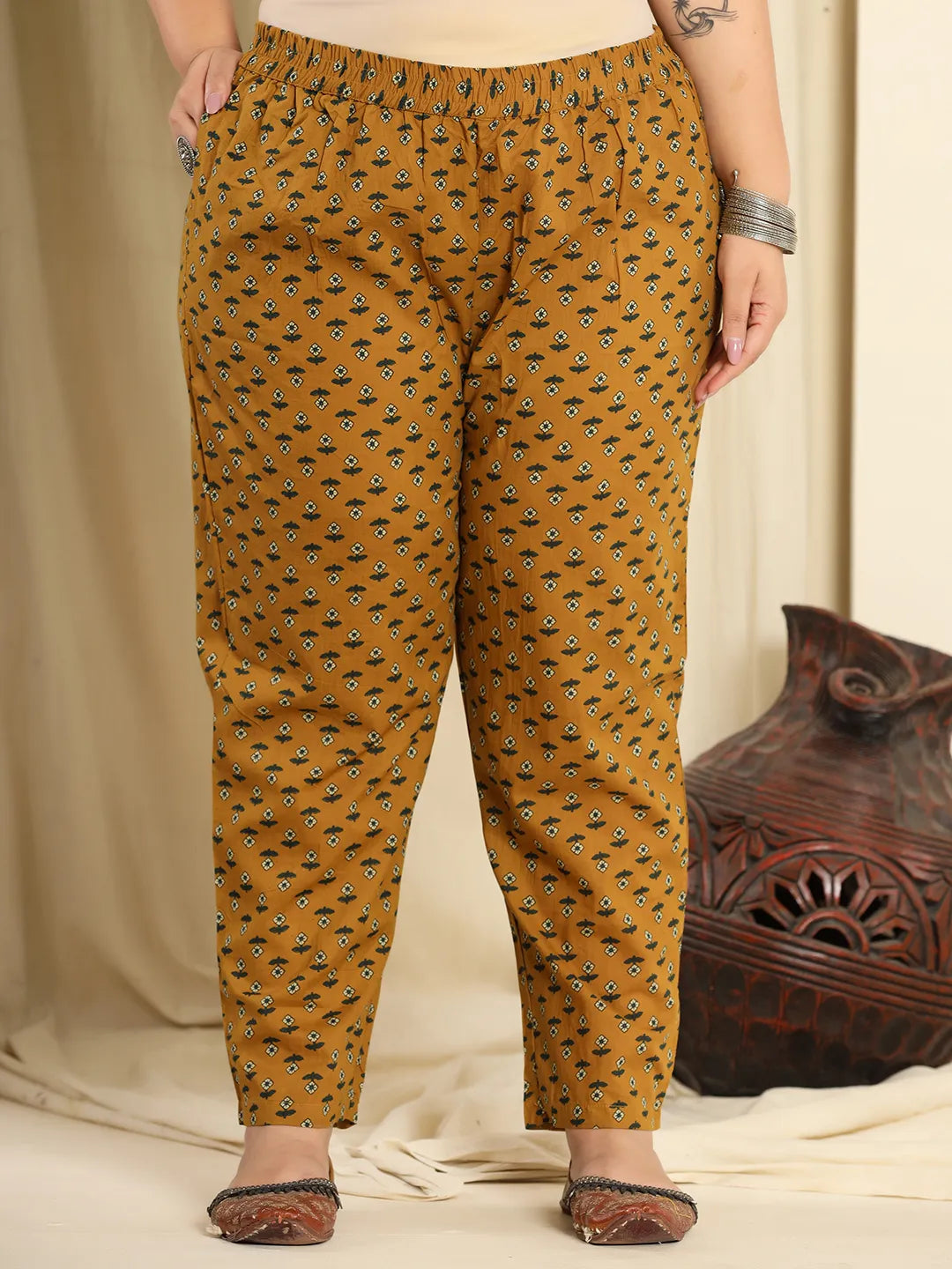 Yufta Mustard Pure Cotton Kantha Work Kurta Dupatta Pant Set With Handwork