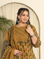 Thumbnail for Yufta Mustard Pure Cotton Kantha Work Kurta Dupatta Pant Set With Handwork