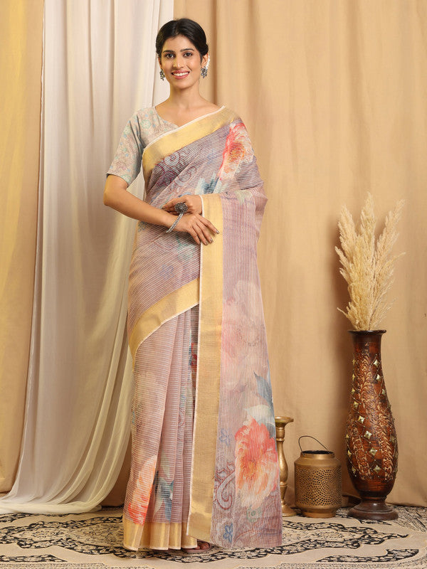 Shivam Fabrics Purple Chanderi Fabric Printed Saree - Distacart