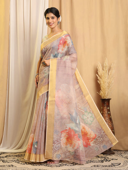 Shivam Fabrics Purple Chanderi Fabric Printed Saree - Distacart