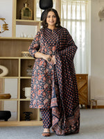 Thumbnail for Yufta Pure Cotton Black Plus Size Kurta Dupatta Pant Set