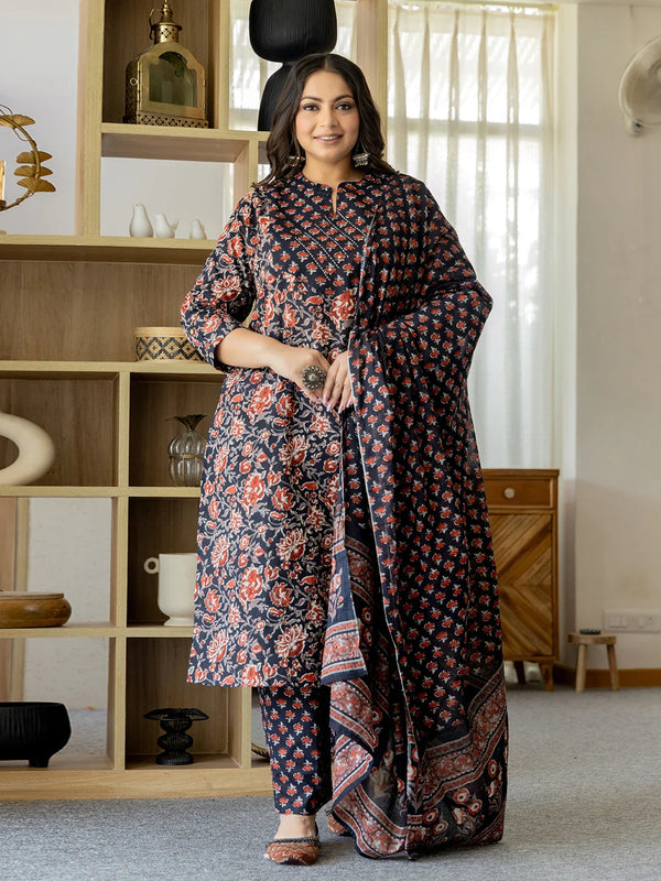 Yufta Pure Cotton Black Plus Size Kurta Dupatta Pant Set