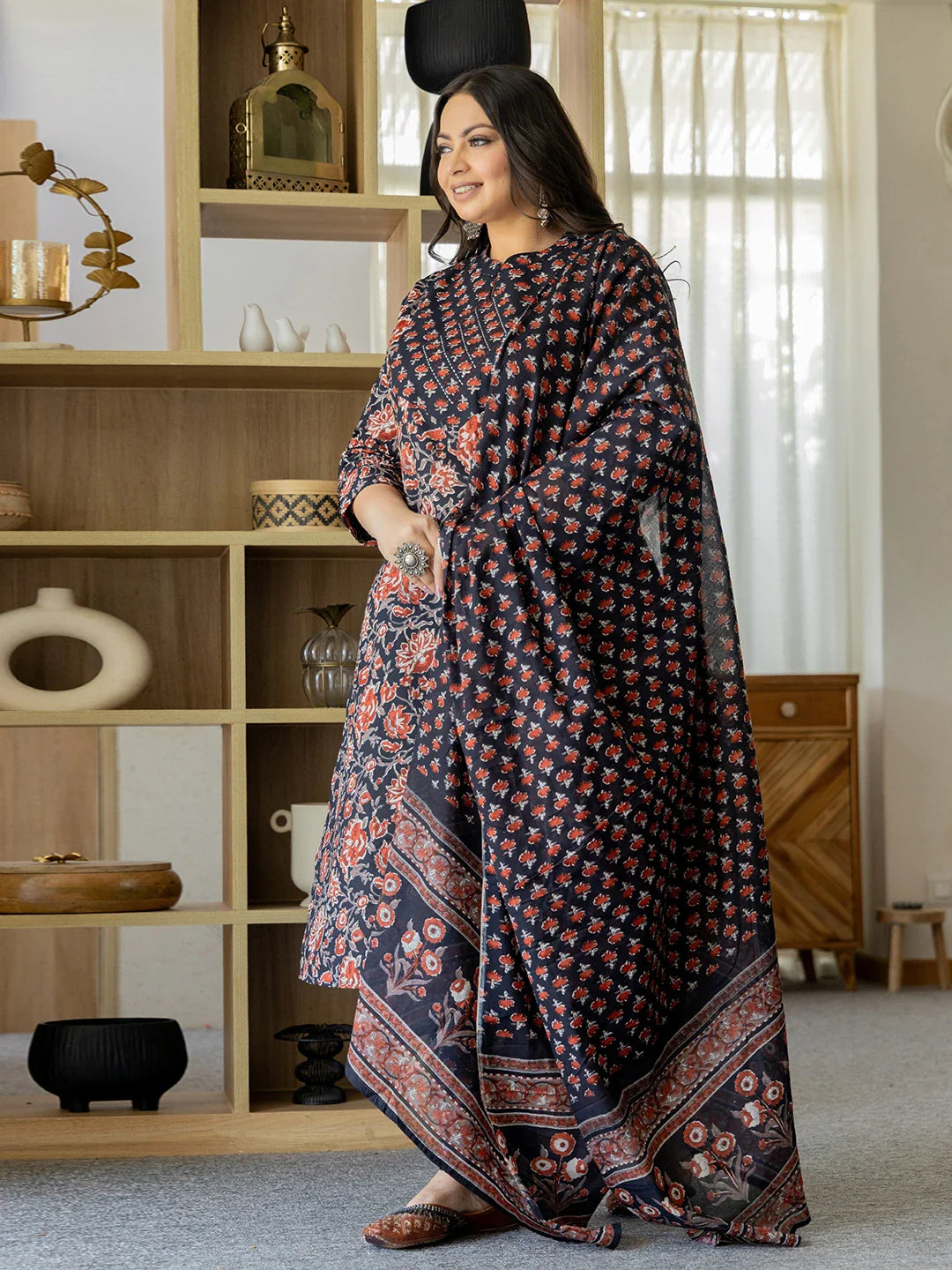 Yufta Pure Cotton Black Plus Size Kurta Dupatta Pant Set - Distacart