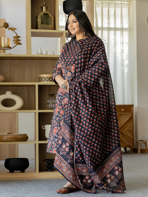 Yufta Pure Cotton Black Plus Size Kurta Dupatta Pant Set