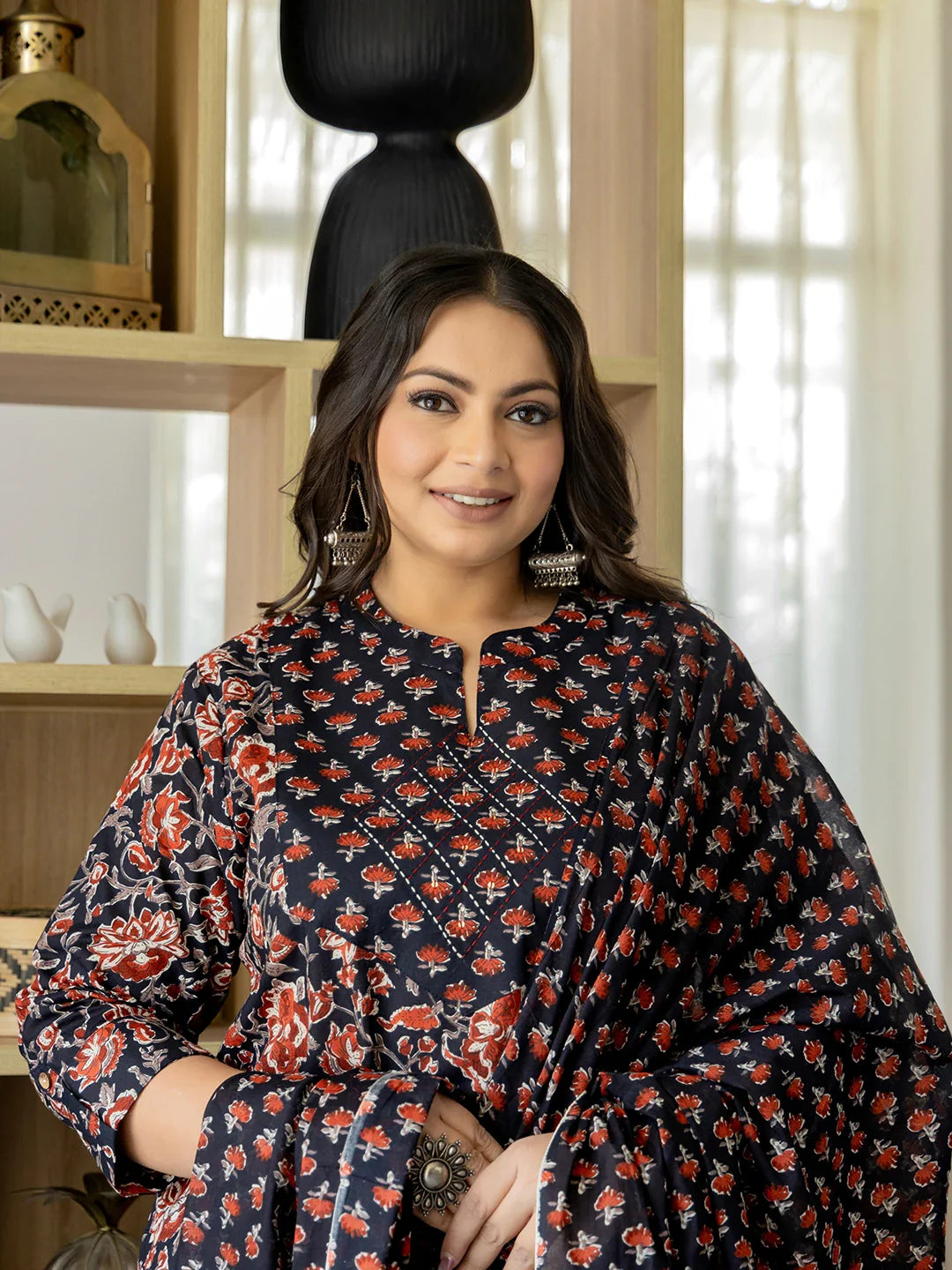 Yufta Pure Cotton Black Plus Size Kurta Dupatta Pant Set