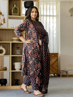 Thumbnail for Yufta Pure Cotton Black Plus Size Kurta Dupatta Pant Set