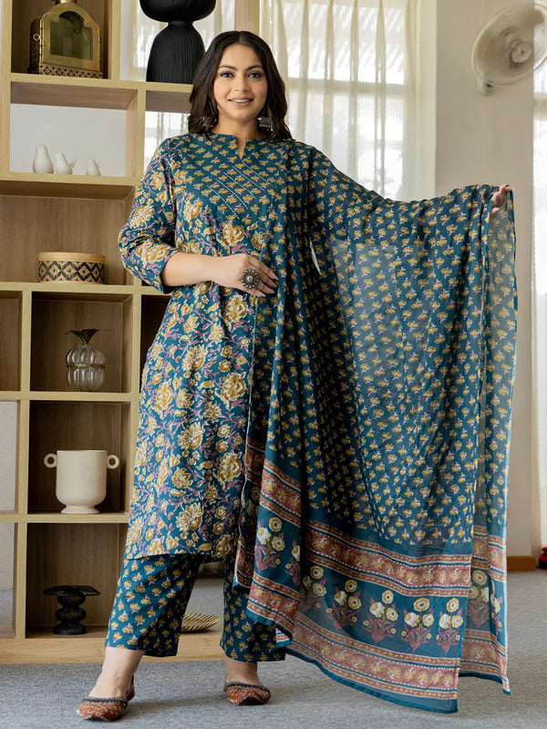 Yufta Pure Cotton Teal Green Kurta Dupatta Pant Set With Handwork