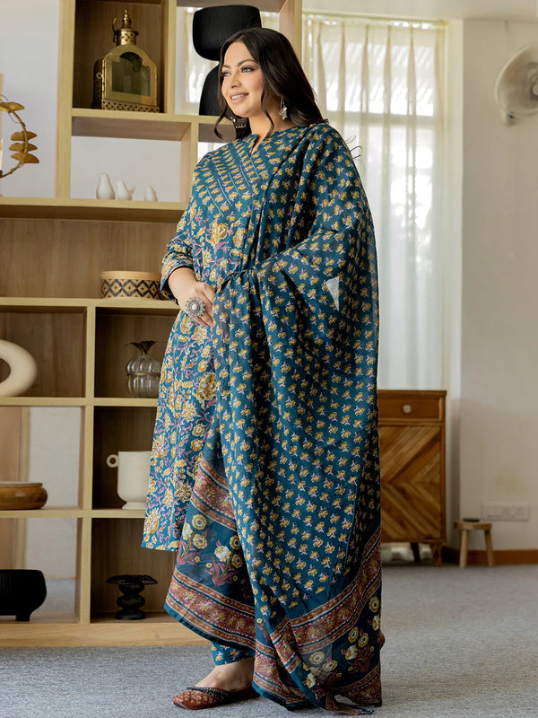 Yufta Pure Cotton Teal Green Kurta Dupatta Pant Set With Handwork