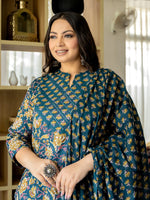 Thumbnail for Yufta Pure Cotton Teal Green Kurta Dupatta Pant Set With Handwork