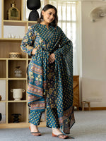 Thumbnail for Yufta Pure Cotton Teal Green Kurta Dupatta Pant Set With Handwork