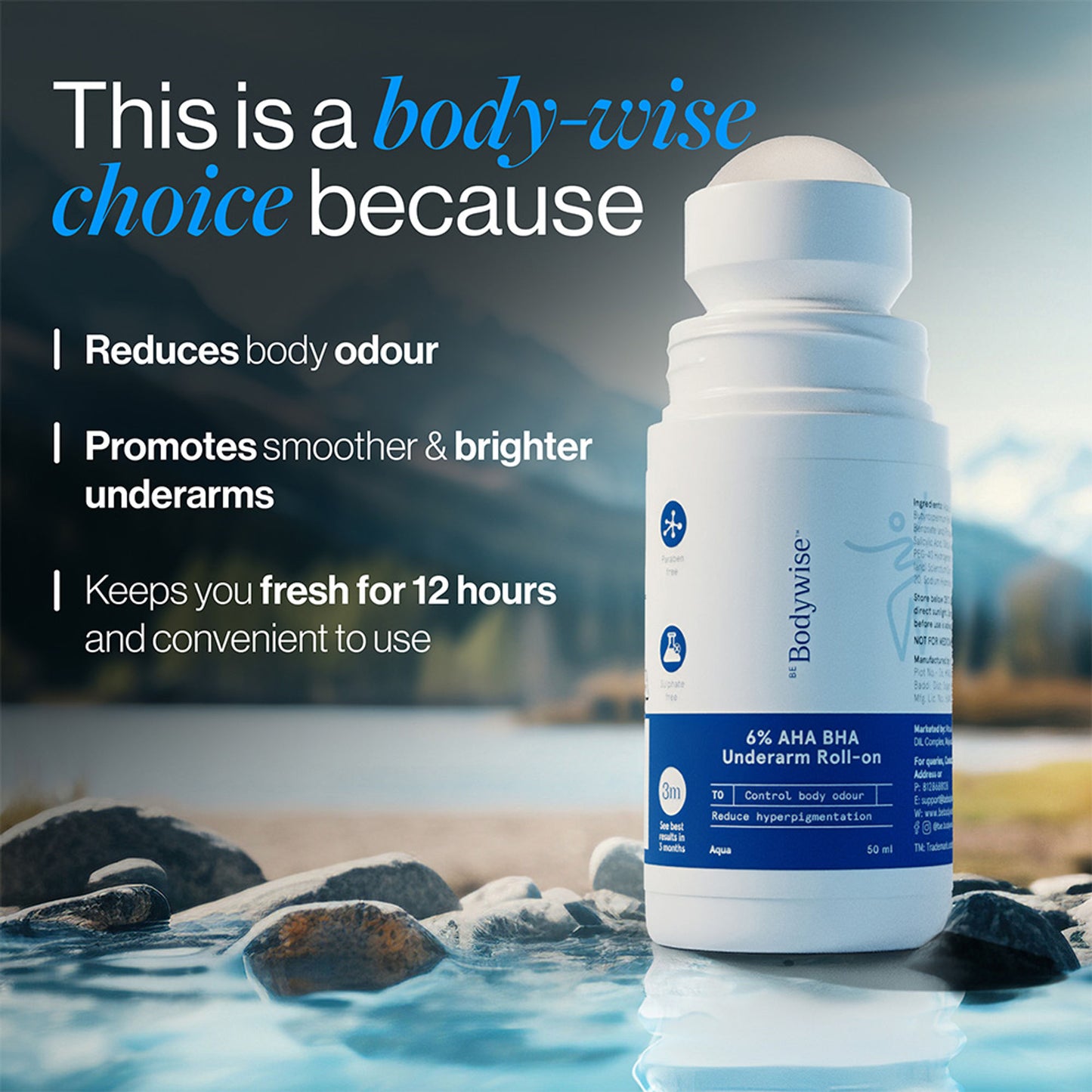 BeBodywise 6% AHA BHA Underarm Roll On - Advanced Formulation For Pigmentation & Odour Control-Aqua - Dista