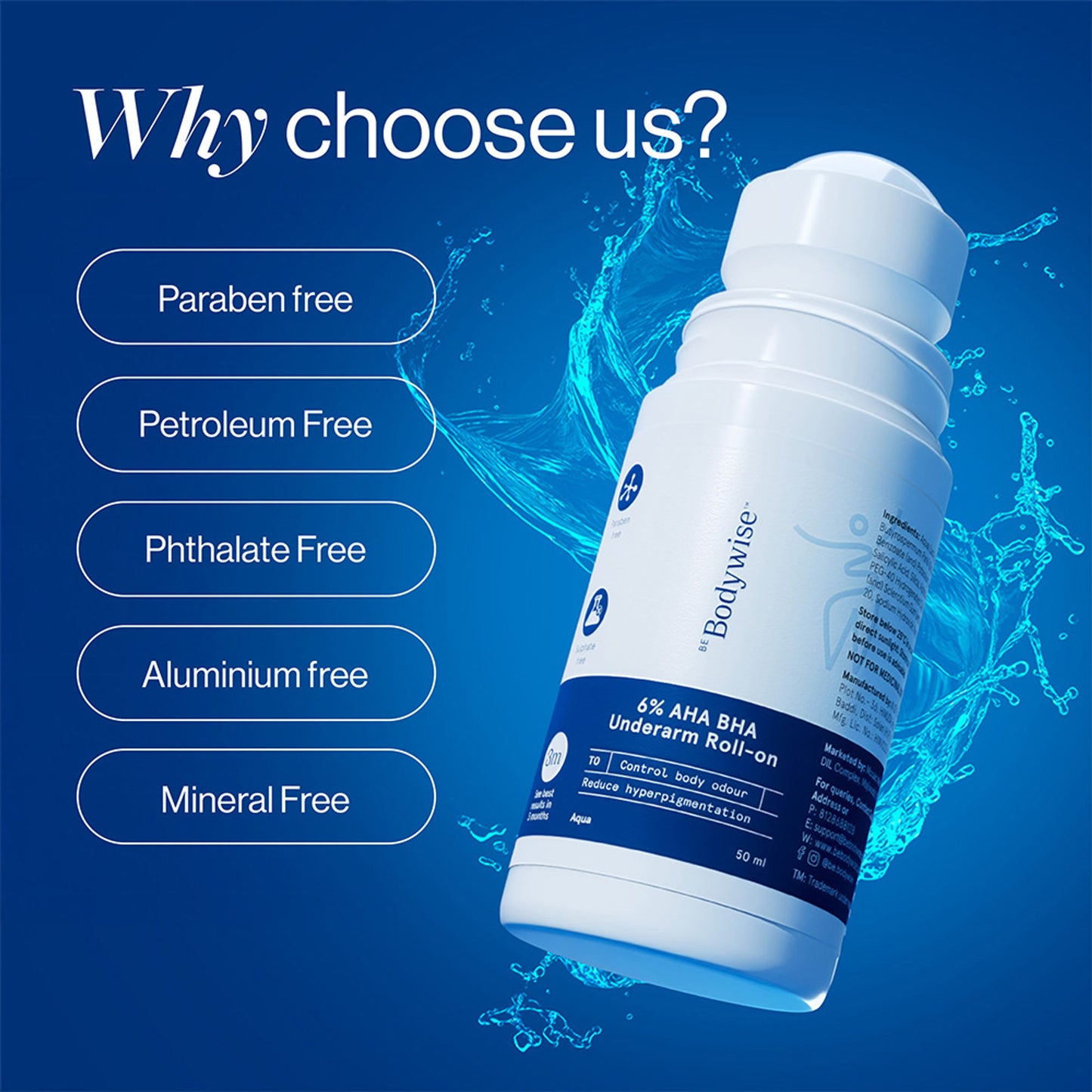 BeBodywise 6% AHA BHA Underarm Roll On - Advanced Formulation For Pigmentation & Odour Control-Aqua - Dista