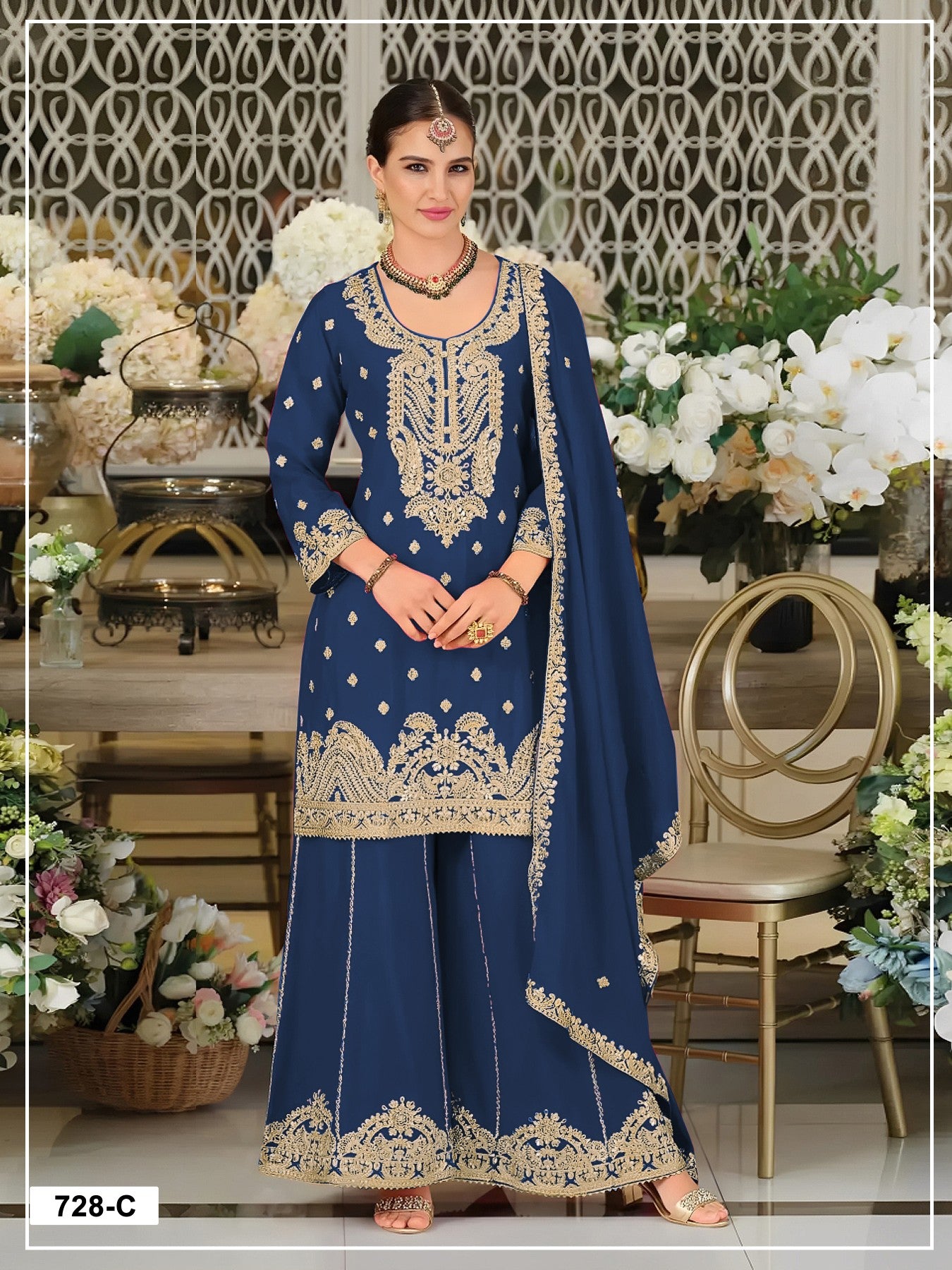 Anaita Teal Chinon Semi Stitched Suit with Embroidery Coding & Sequence Work - Dista