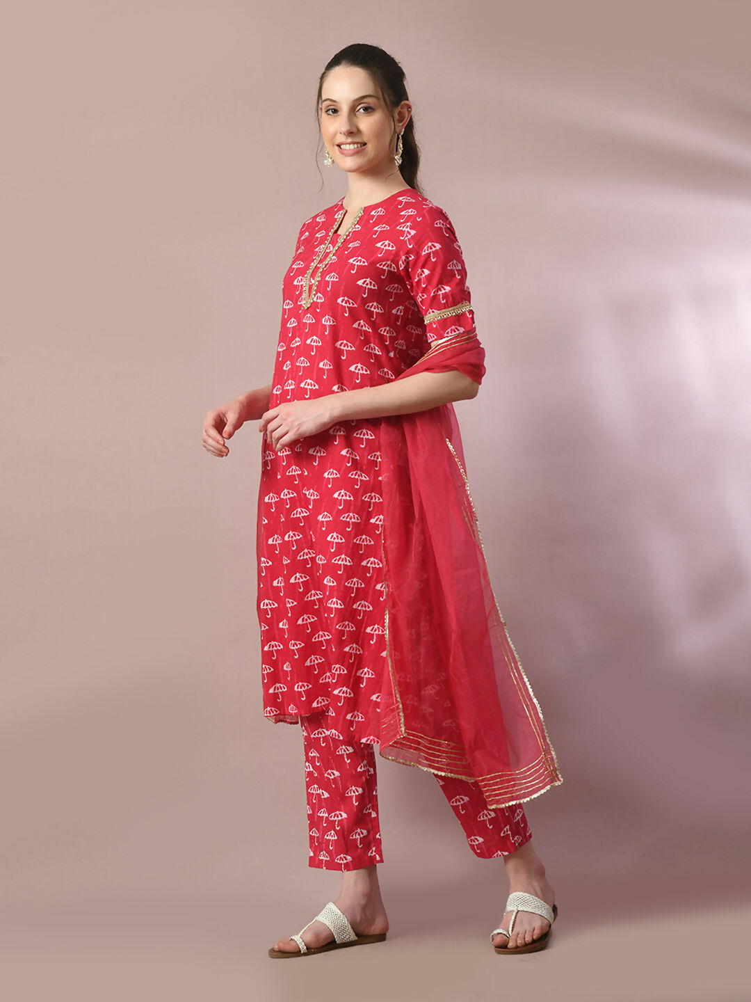Myshka Women's Pink Printed Cotton Straight Party Kurta Set With Dupatta - Distacart