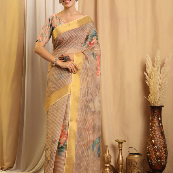 Shivam Fabrics Beige Chanderi Fabric Printed Saree
