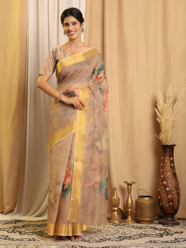 Shivam Fabrics Beige Chanderi Fabric Printed Saree - Distacart