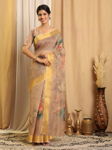 Shivam Fabrics Beige Chanderi Fabric Printed Saree