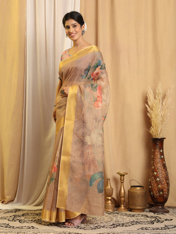 Shivam Fabrics Beige Chanderi Fabric Printed Saree - Distacart
