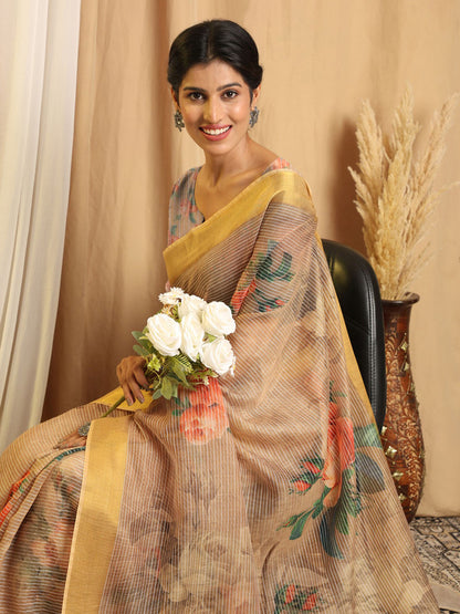 Shivam Fabrics Beige Chanderi Fabric Printed Saree - Distacart