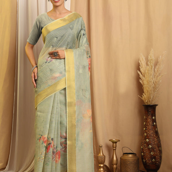 Shivam Fabrics Green Chanderi Fabric Printed Saree